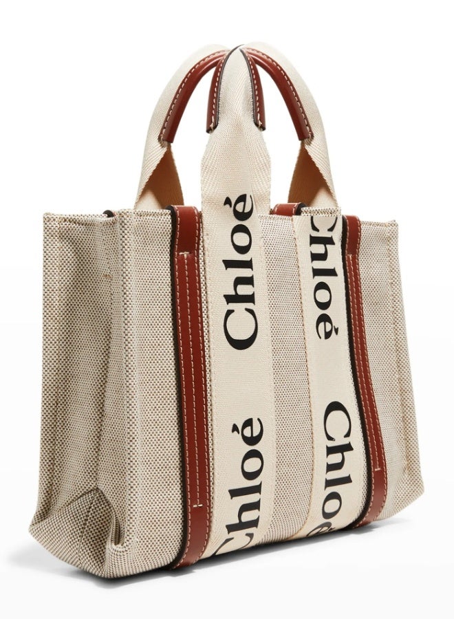 Chloe Woody Small Women Tote Bag in Linen, Women Shoulder Bag, Women Hand Bag, Women's Travel Bag, Women's Shopping Bag, White-Brown - Image 3